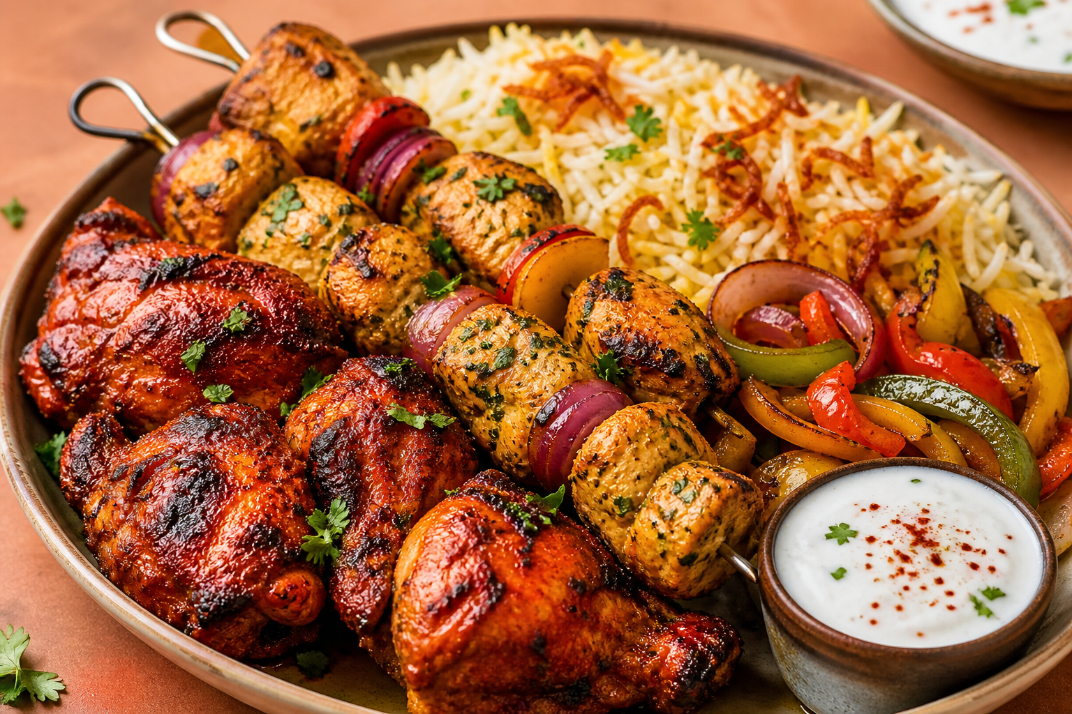 Indian Fusion non-vegetarian tandoori chicken with rice and sides