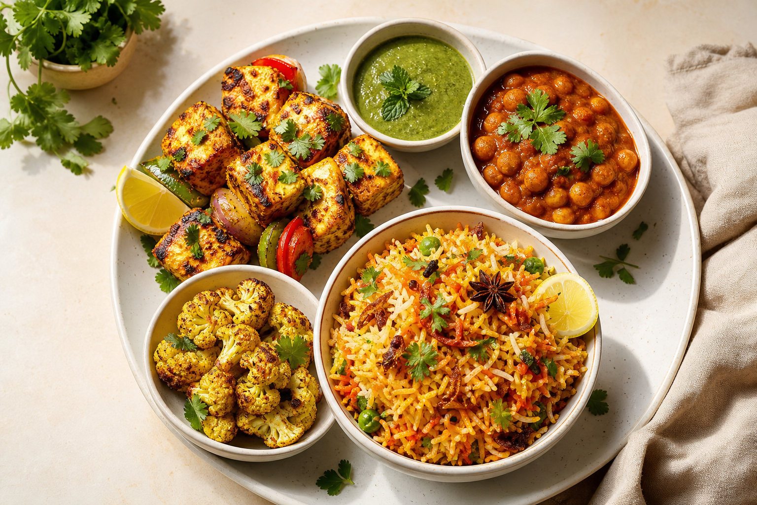 Indian Fusion vegetarian meal with paneer tikka and spiced rice