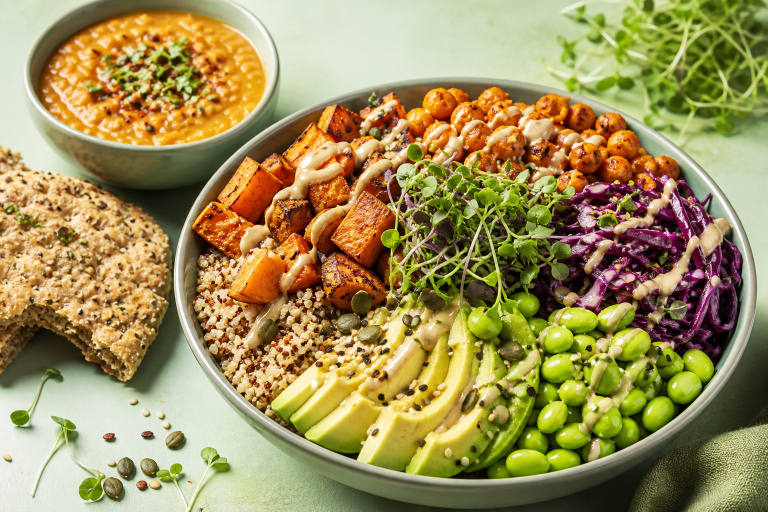 Vegan plant-based buddha bowl with quinoa, avocado and legumes