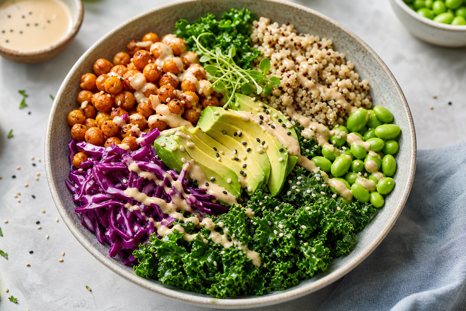 Fresh vegan buddha bowl with greens and grains