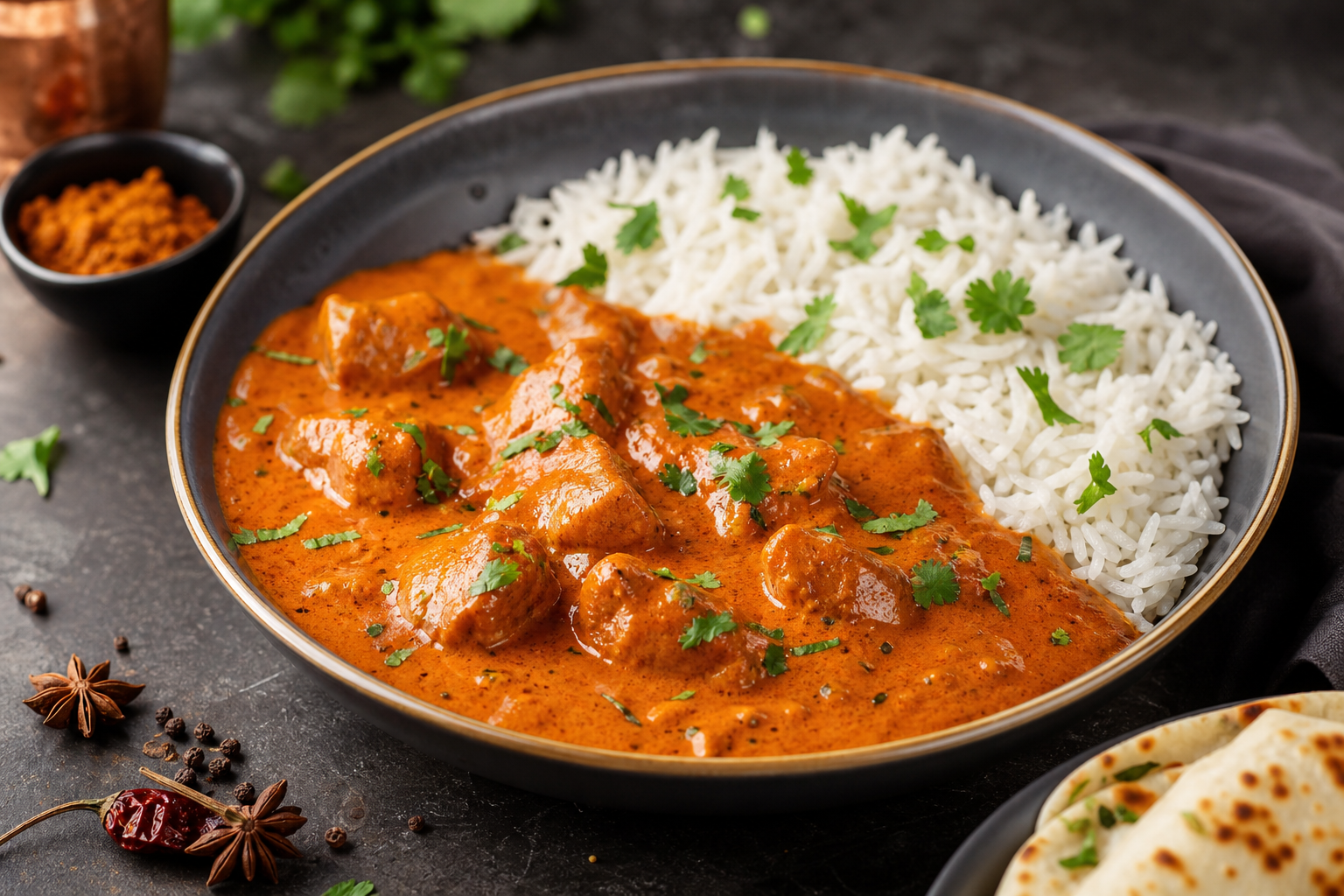 Indian fusion non-vegetarian butter chicken and rice