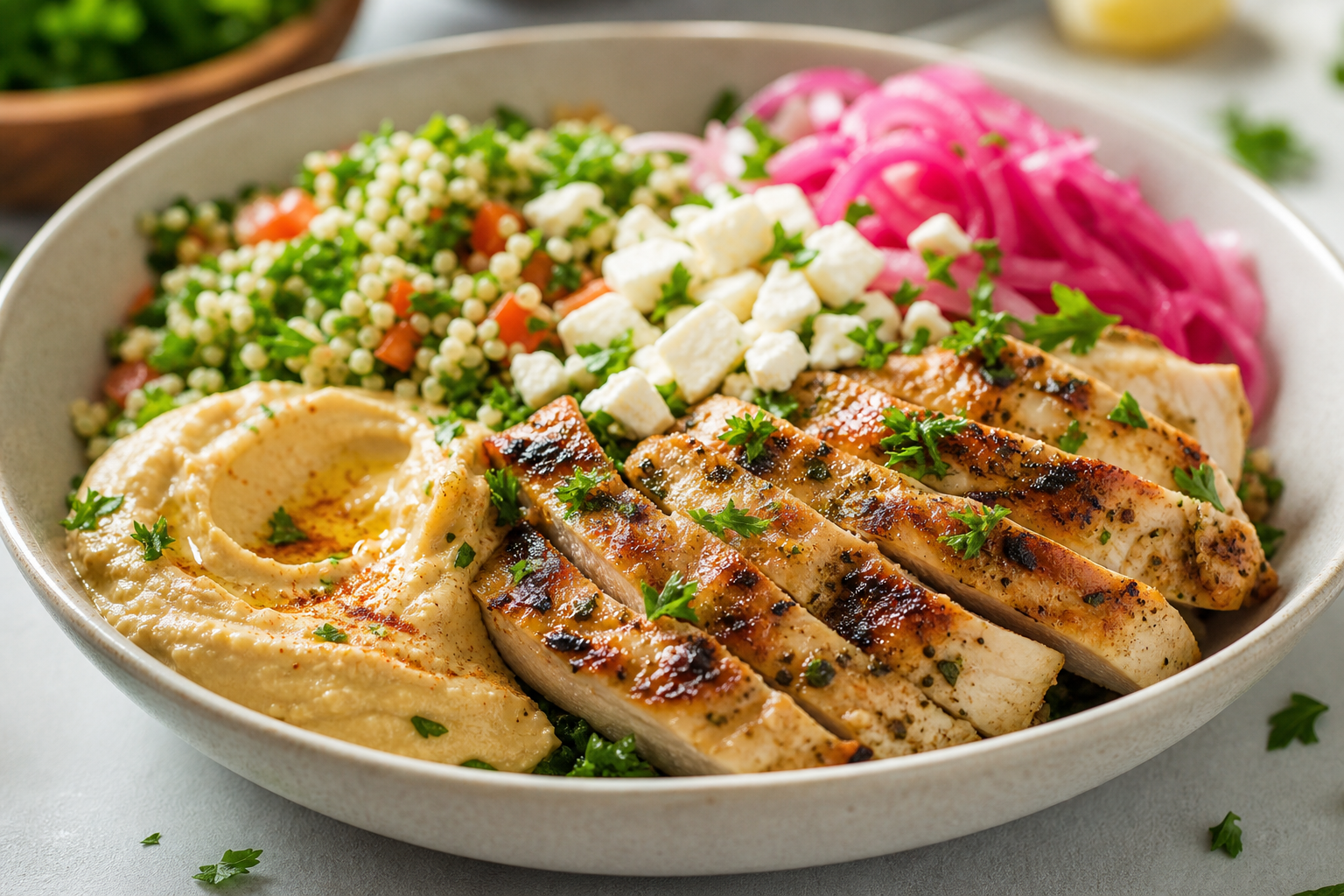Chicken pita bowl with fresh sides