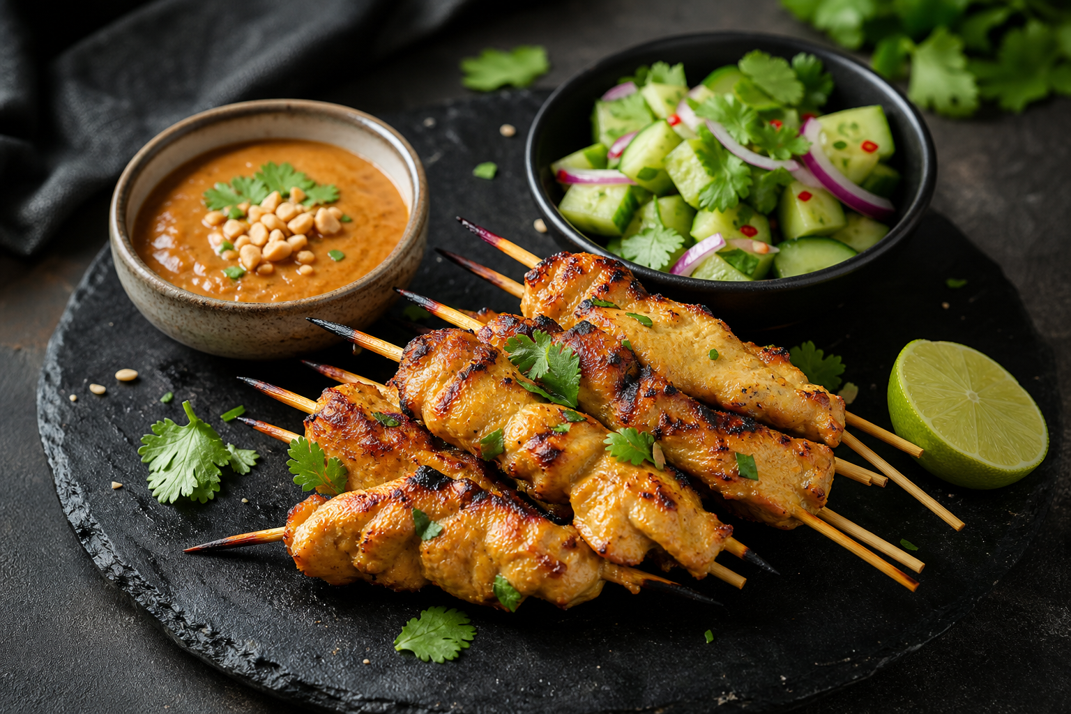 Chicken satay with fresh sides