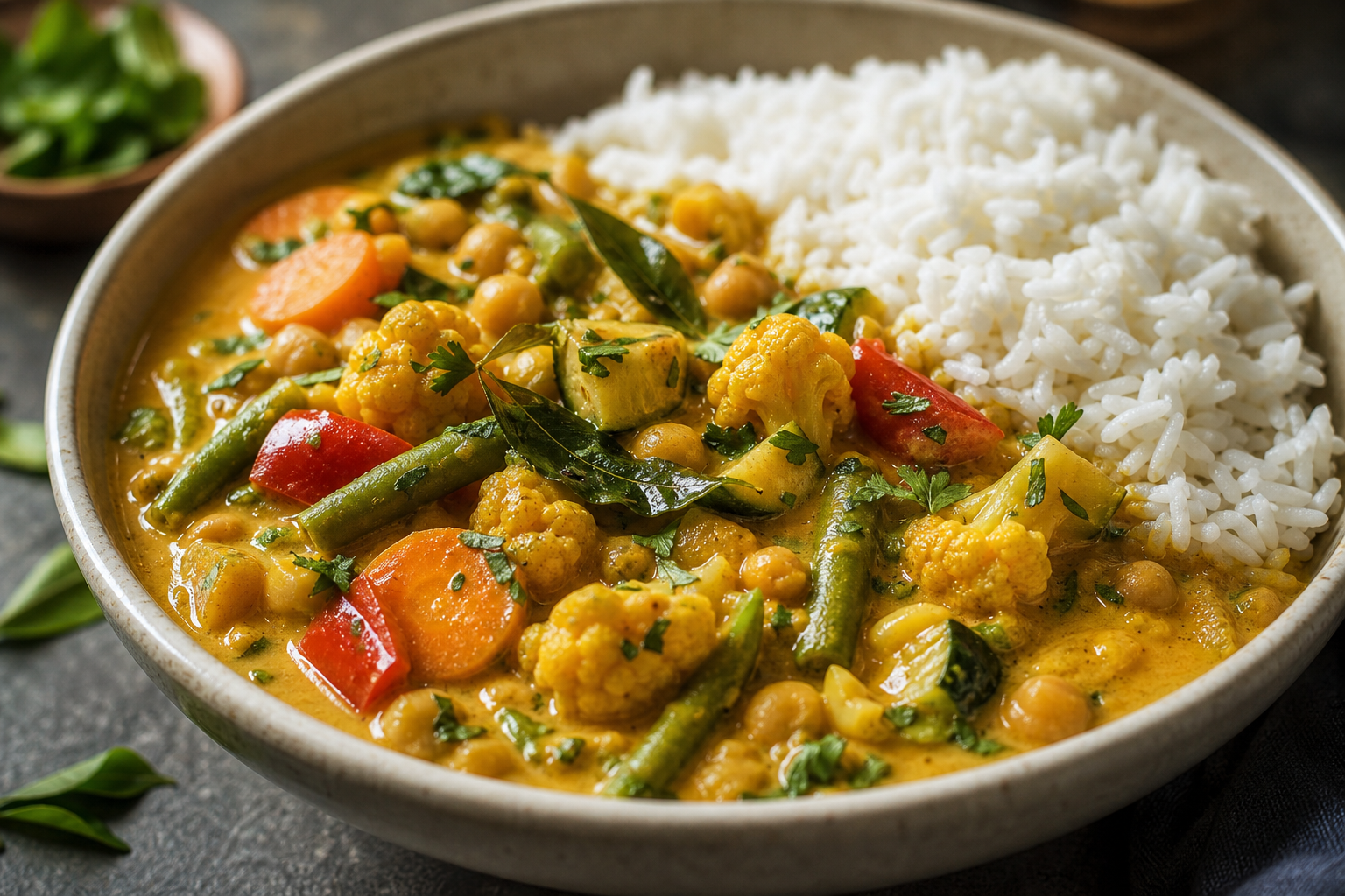 Indian fusion vegetarian curry and rice bowl