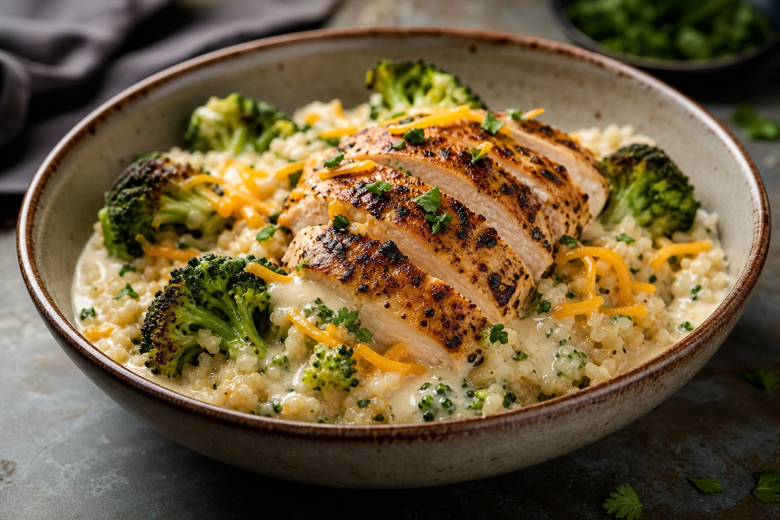 Keto cauliflower rice bowl with grilled chicken