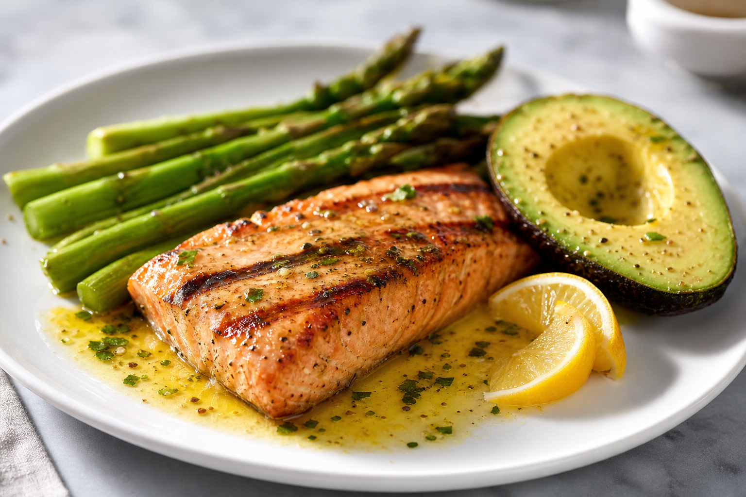 Keto grilled salmon with avocado and asparagus