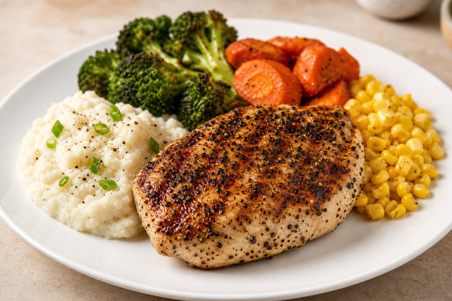 Pepper chicken steak with fresh vegetables