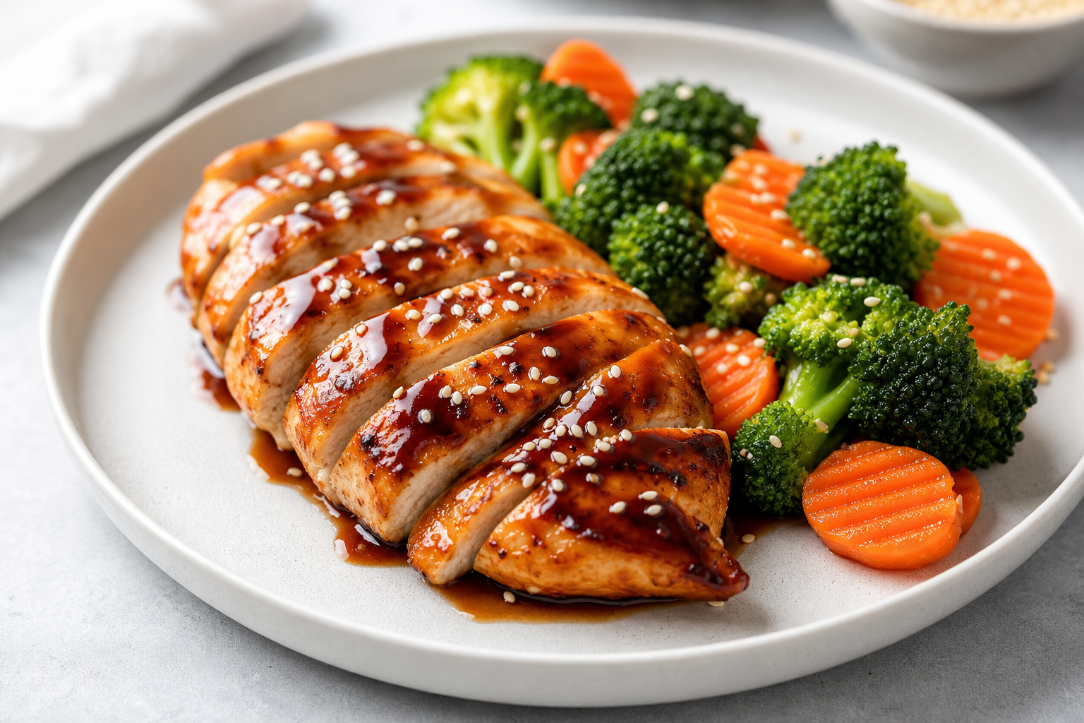 Teriyaki chicken plate with colorful sides