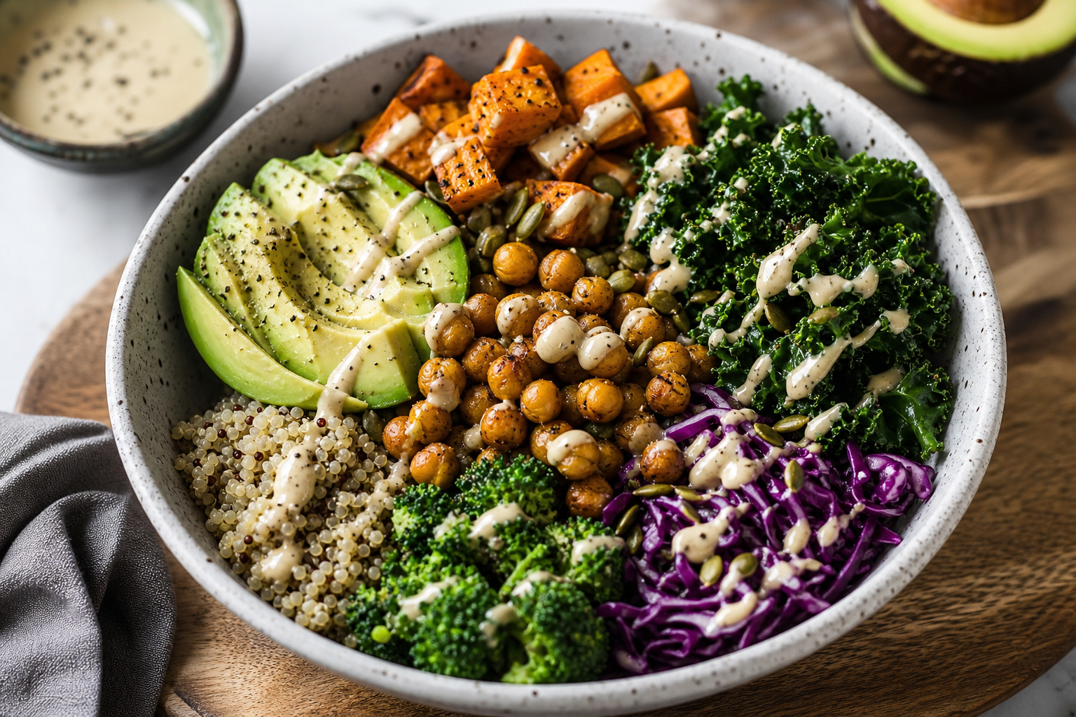 Vegan buddha bowl with chickpeas and tahini