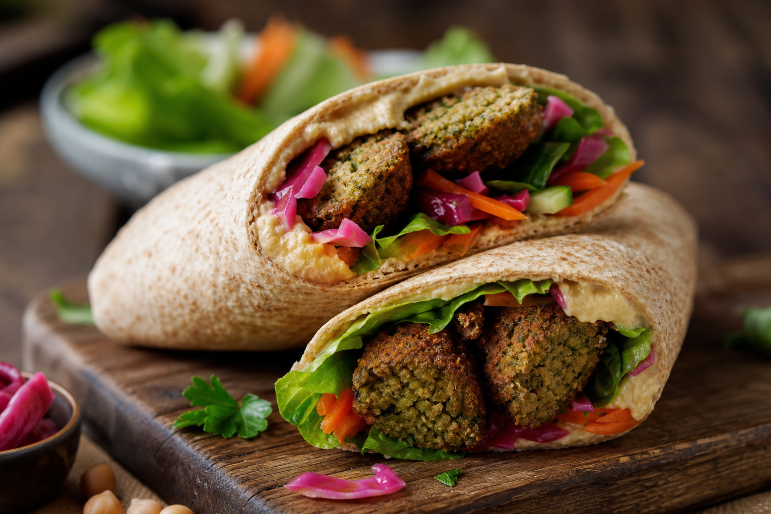 Vegan falafel wrap with hummus